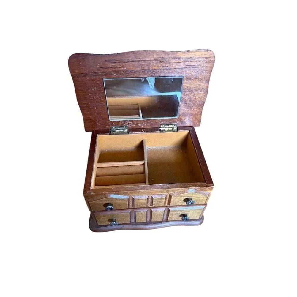 Wood Jewelry Box Mini Chest Brown Mirror Lid 2‎ Drawers Ring Organizer